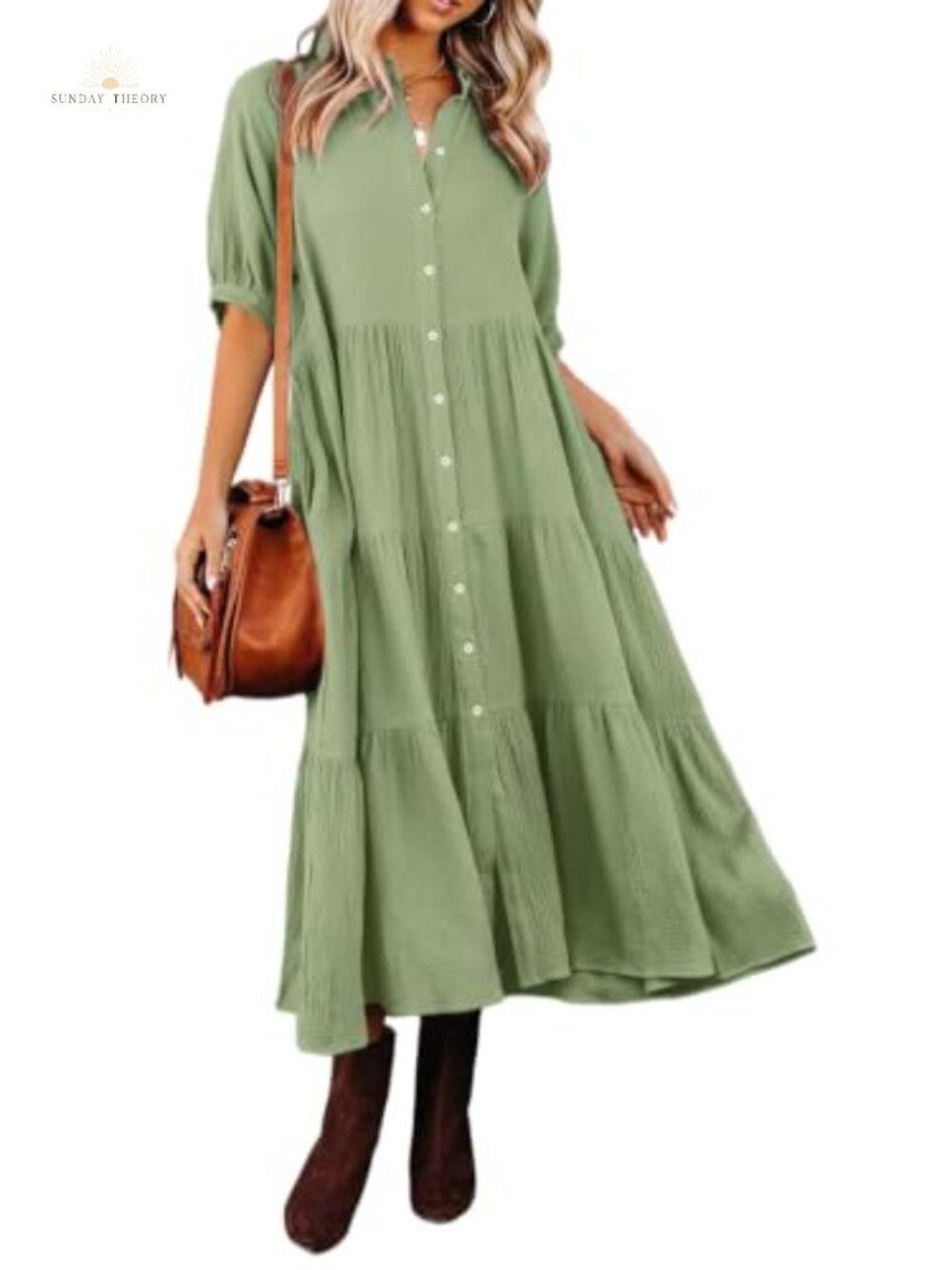100% Cotton Button Down Midi Dress with Pockets Casual Summer